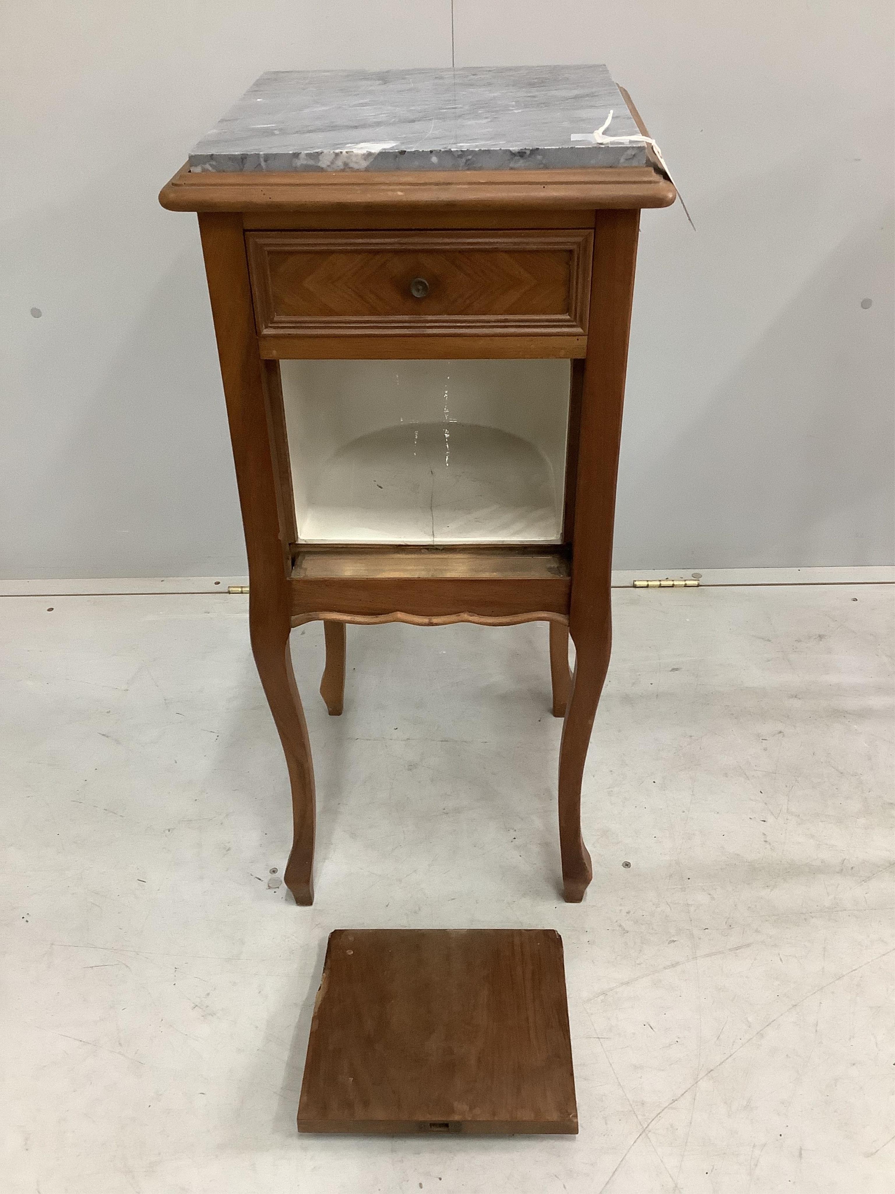 A pair of French marble top walnut bedside cabinets, width 38cm, depth 38cm, height 85cm. Condition - fair to good